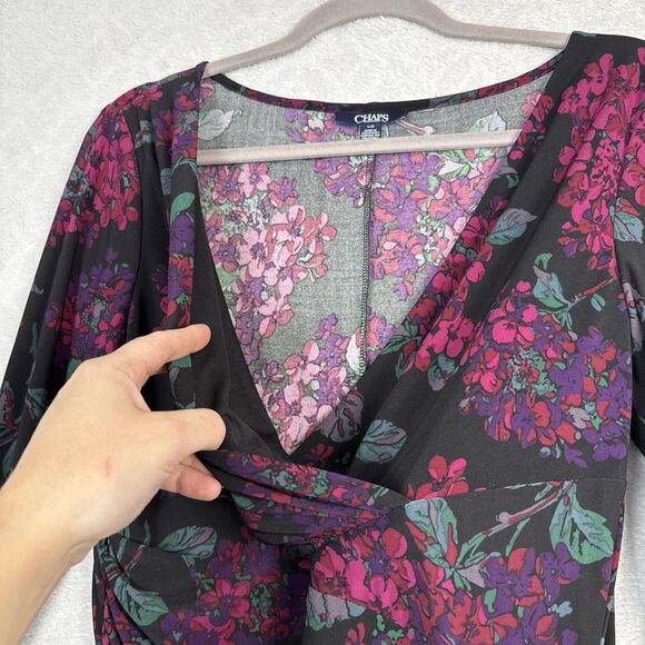 Chaps Ralph Lauren Jersey Dress L Dark Floral Faux Wrap Stretch Career Feminine - Picture 3 of 14